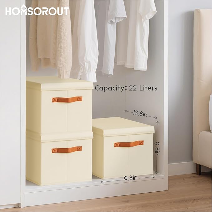 Homsorout Storage Bins with Lids - Fabric Storage Baskets for Shelves, 4 Pack Foldable Decorative Boxes with Handles, Stackable Organizer Bins for Home, Nursery, Dorm, Beige