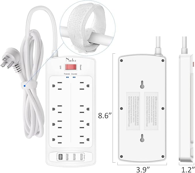 6FT Surge Protector Power Strip, Nuetsa Extension Cord with 8 Outlets and 4 USB Ports, 6 Feet Power Cord, 2700 Joules, ETL Listed, White