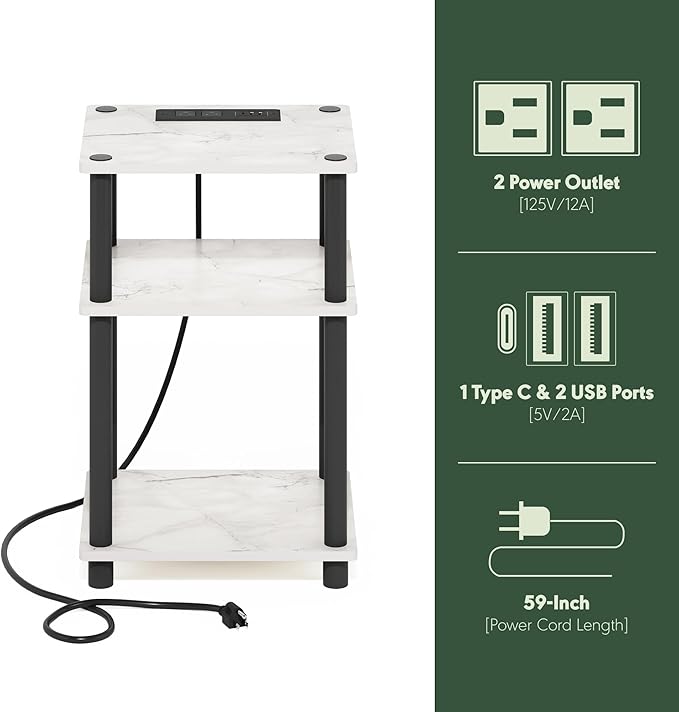 Furinno Just 3-Tier Turn-N-Tube USB and Type-C Charging Port End Table with Open Storage, 11.42 (W) x 8.82 (H) x 6.77 (D) inches, Marble White/Black