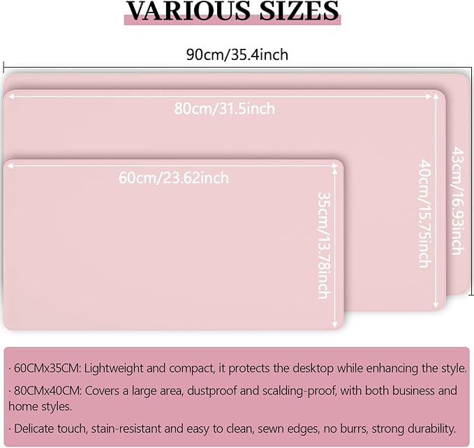 Pink Leather Desk Mat Large Mouse Pad, Waterproof Desk Pad for Keyboard and Mouse, Non-Slip Computer Desk Protector, Smooth Mouse Movement Desk Mat for Home and Office(23.6"ร13.8")
