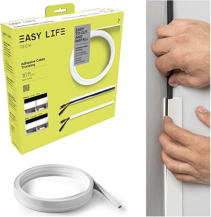 Easylife Tech Paintable Cable Raceway Cord Management Kit 16 ft Self‑Adhesive Cord Concealer for Organizing and Hiding Wires Cable Trunking Raceway for Home, Office & Entertainment Systems