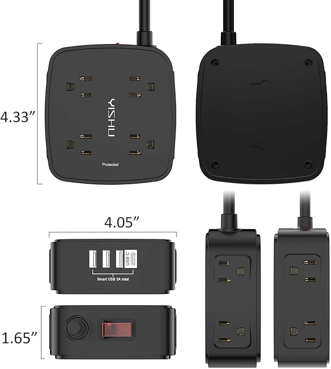 20 Ft Surge Protector Power Strip - 8 Widely Outlets with 4 USB Ports, 3 Side Outlet Extender with 20 Feet Extension Cord, Flat Plug, Wall Mount, Desk USB Charging Station, ETL, Black
