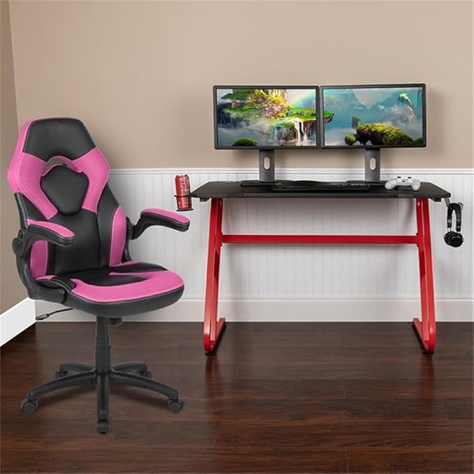 BOWERY HILL Gaming Desk and Racing Chair Set, Black Laminate Top, Red Powder Coated Frame, Pink Mesh Inserts, Dual Monitor Capacity, Ergonomic High Back Chair, Contemporary Style for Gamers