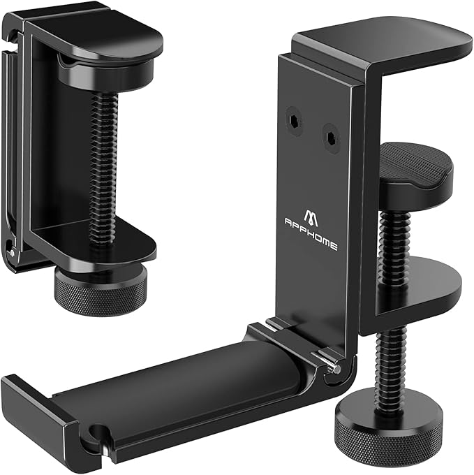 Foldable Headphone Stand Under Desk, Metal Headset Holder Hook for Desk with Cable Organizer, Space-Saving Desk Bag Hook & Backpack Hanger for Gaming Office, Universal Fit, Black