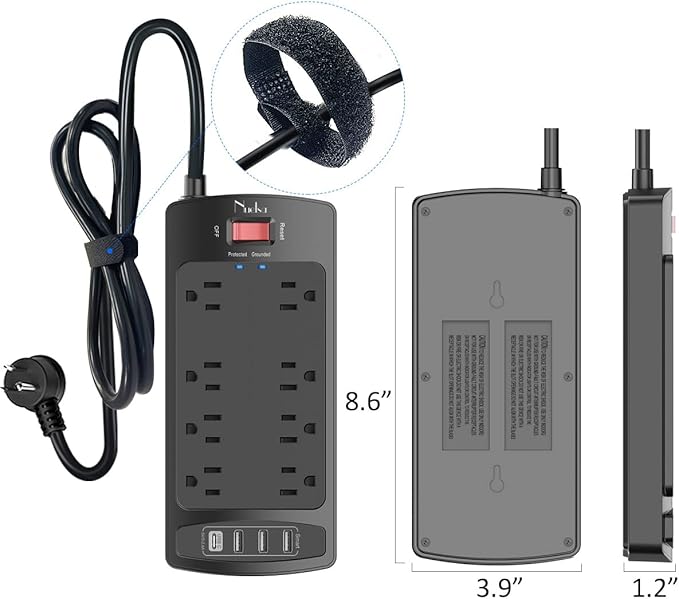 Surge Protector Power Strip - Nuetsa Flat Plug Extension Cord with 8 Outlets and 4 USB Ports, 15 Feet Power Cord, 2700 Joules, ETL Listed, Black
