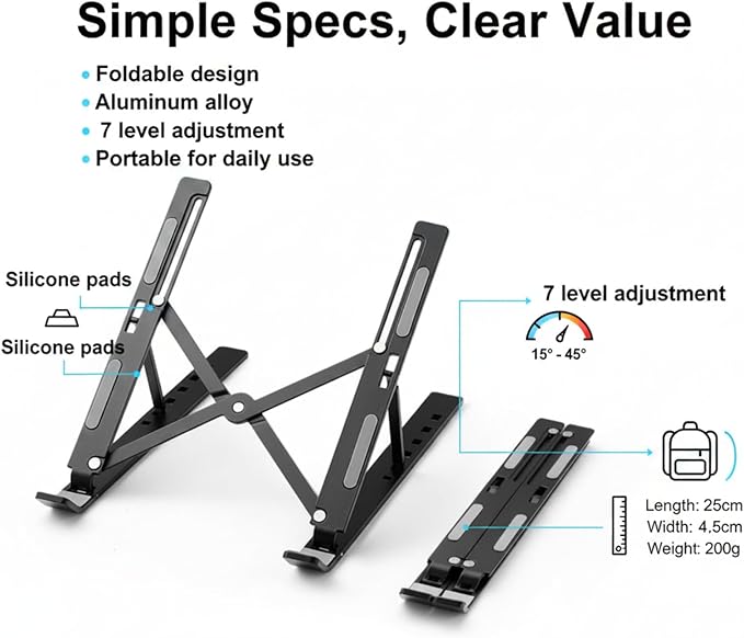 Foldable Laptop Stand, 7-Level Adjustable Aluminum Alloy Tablet Holder, Ultra-Thin Portable Notebook Riser for Desk, Office, Home, Travel (Black,Plastic)