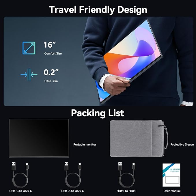 16 Inch Touchscreen Portable Monitor, 1920x1200 FHD IPS, USB-C HDMI, Built-in Speakers, Ultra-Slim Metal External Display for Laptop Mac Phone PS5 Xbox Switch