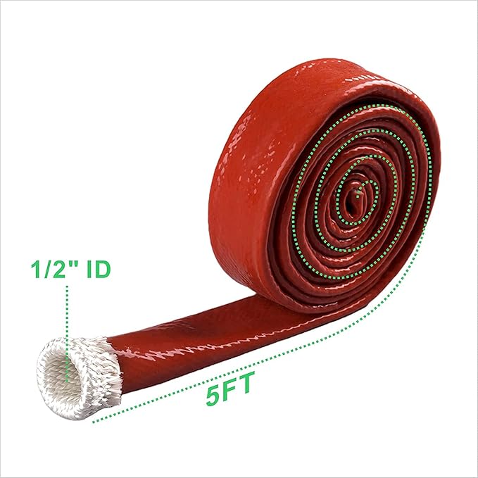 1/2"(12.7mm) ID Fire Sleeve Heat Sleeve Heat Shielded Fire Thermo Armor Silicone Coated Fiberglass for Automotive Hose Lines & Electrical Wiring,5 feet(Red)