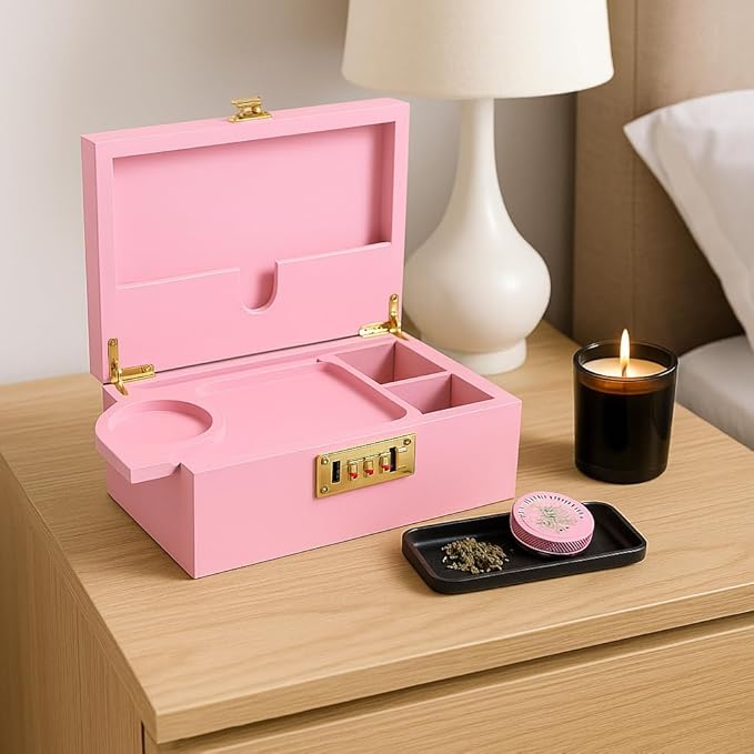 Smell Proof Stash Box with Lock & 5 Piece Accessory Kit – Pink Bamboo Organizer with Removable Tray – Large Odor Proof Storage Case for Home or Travel