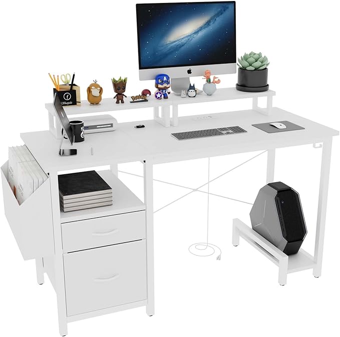 Modern Home Office Desk, Built-in Power Outlets, File Storage, Dual Monitor Stands, Shelves Ergonomic Design, Multi Functional for Work & Gaming (White + MDF+Metal + Modern)