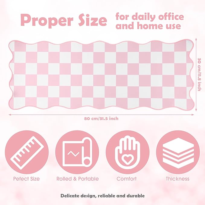 Copkim 1 Pcs Pink Scalloped Checkered Desk Mat 31.5 x 11.8 Inch Large Cute Mouse Pad Computer Mat Non Slip Waterproof Rubber Base with Border Stitching Soft Keyboard Pad for Home Office Gaming Makeup