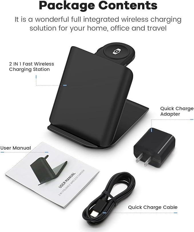 Wireless Charger for Samsung Galaxy z Flip & Watch Combo - 2 in 1 Foldable Wireless Charging Station for Flip 7/6/5/4, Motorola Razr+, Galaxy Watch 8/7/6 | PD20W Adapter Included | Black Travel Dock