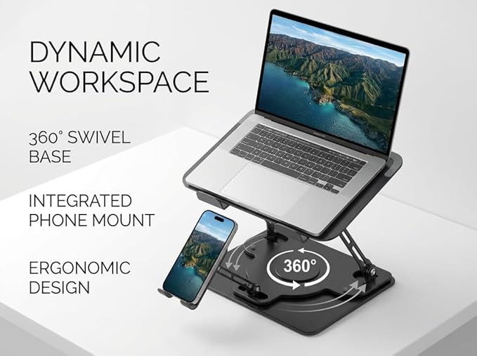 Laptop Stand for Desk,Adjustable Computer Stand with 360ยฐ Rotating Base,2-in-1 Laptop Stands with Phone Holder,Ergonomic Laptop Riser for Collaborative Work,fits for All 10-16" Laptops