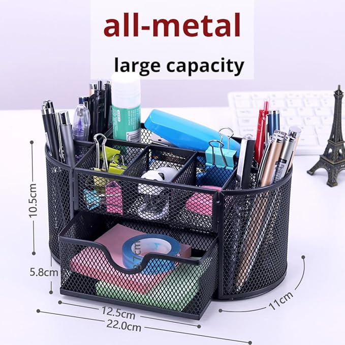 Wire Mesh Desk Organizer, Black Pen Holder and Desk Organizer with Compartments, Desk Drawer Organizers and Accessories for Office School Home Supplies Teacher Students