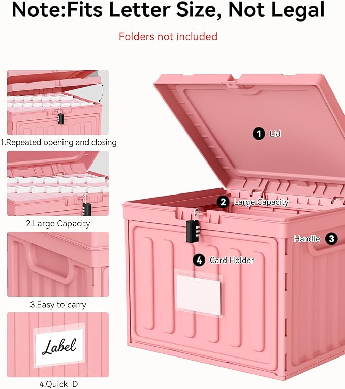 Oterri Plastic File Box with Lid for Letter Size Hanging File Folders, Hanging File Folder Box for Home, Office, School, File Cabinet, Assembly File Organizer, Pink,Large-1 Pack Without Folders