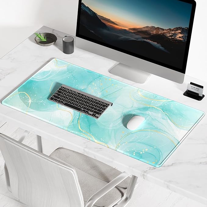 BOSOBO Desk Pad, XXL Gaming Mouse Mat, Desktop Full Cover, Art Gold Teal Marble