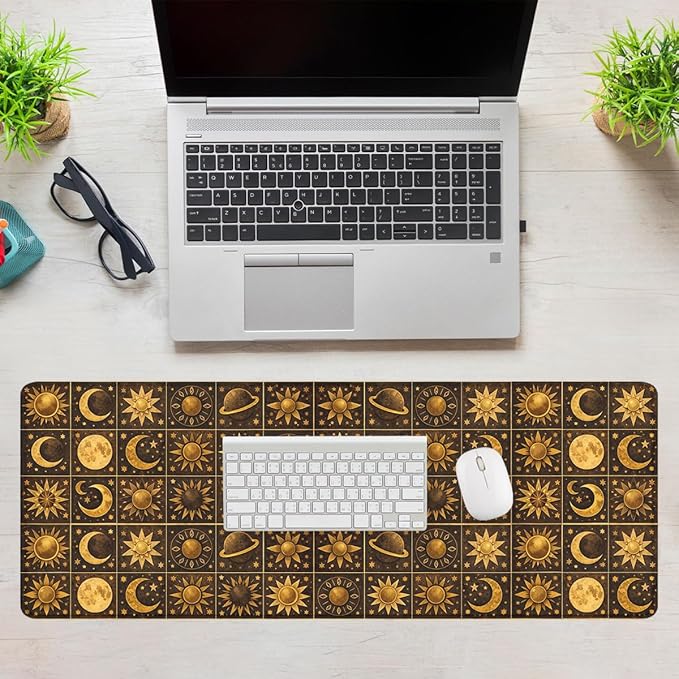Boho Celestial Gaming Mouse Pad Sun Moon Star Vintage Astrology Mousepad Extended Large Laptop Keyboard Non-Slip Rubber Base with Stitched Edges 31.5x11.8 Inch