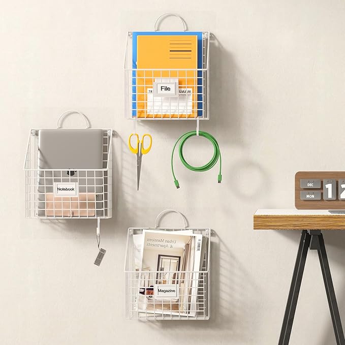 Yuzehuaza Wall File Organizer Metal Hanging File Organizer,Wall Mount File Holder, Magazine Rack and Mail Holder with Hooks for Home Office, 4 Packs, White(Patent Pending)