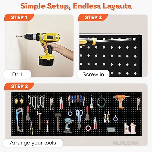 Metal Peg Board 6Pcs, 48"x36" Pegboard Wall Organizer with 140Pcs 1/4" Pegboard Hooks & Accessories, Steel Pegboard Tool Storage System for Garage Workshop Shed, Black