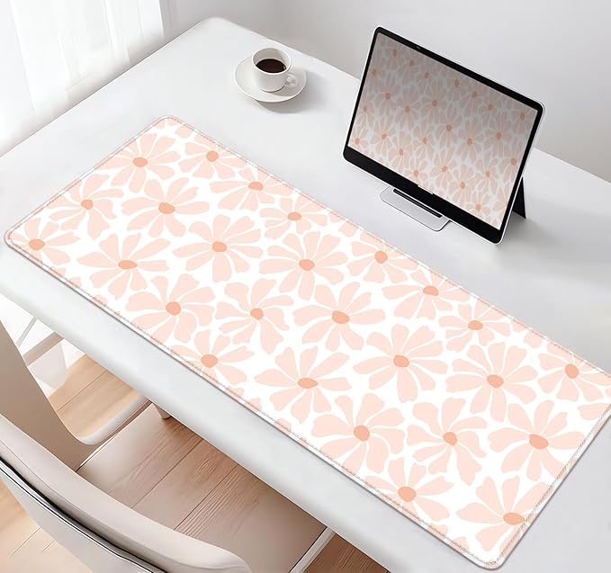 Pink Daisy Floral Boho Desk Mat, Girly Aesthetic Extended Large Mouse Pad, Minimalist White Non-Slip Cute Gaming Mousepad for Home Office Decor