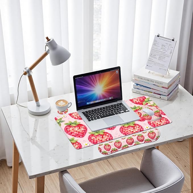 Strawberry Disco Desk Mat Set Fruit Pink Checkered Cute Large Mouse Pad with Wrist Rest 4in1 Desk Mat for Desktop Ergonomic Computer Desk Arm Wrist Anti-Slip Computer Mouse Pad Home Office Gaming