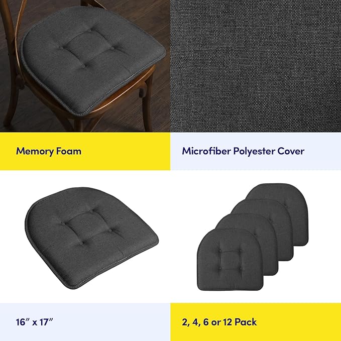 Sweet Home Collection Chair Cushion Memory Foam Pads Tufted Slip Non Skid Rubber Back U-Shaped 17" x 16" Seat Cover, 12 Count (Pack of 1), Charcoal Gray
