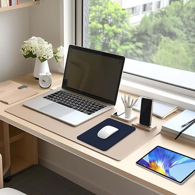Leather Mouse Pad, Office Mouse Mat Non-Slip Rubber Base Stitched Edge Washable Waterproof Rectangular Mousepad for Office Gaming PC Laptop, 9.8" x 7.9", Dark Blue