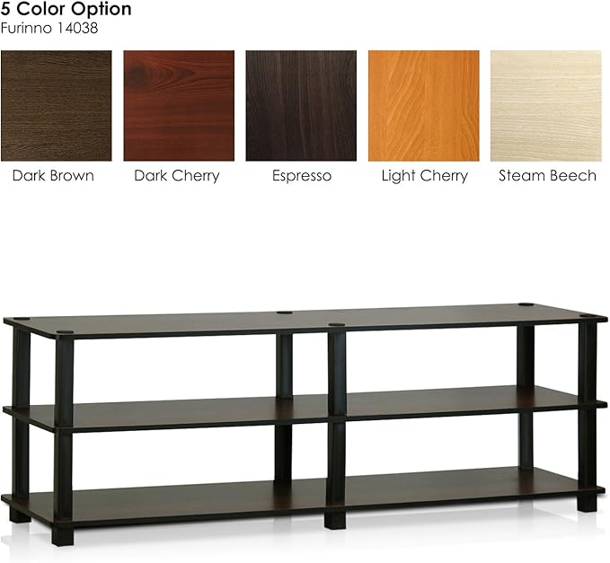Furinno TURN-S-TUBE Toolless Assembly 3-Tier TV Stand, Entertainment Center for TV up to 46 Inch, Wide Printer Stand with Storage Shelf, for Living Room, Bedroom, Dark Brown