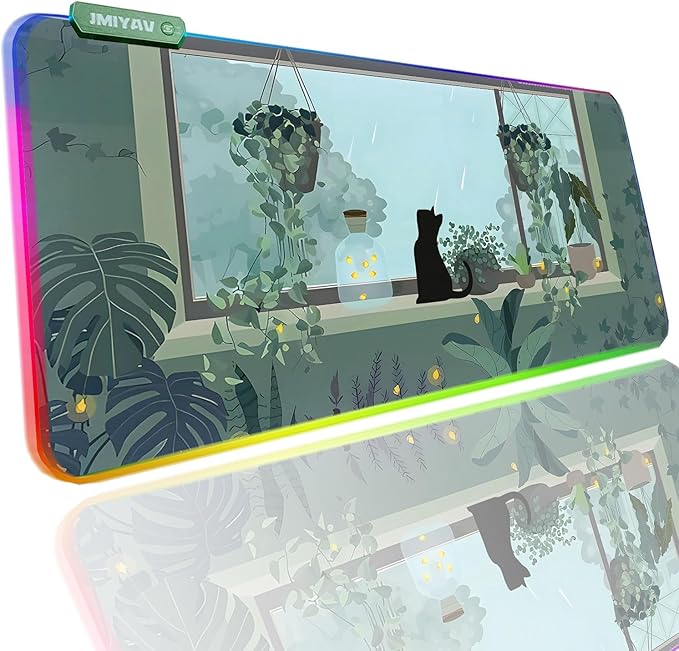 JMIYAV Black Kitten RGB Green Gaming Mouse Pad 31.5x12 Inch PC XL Large Glowing Led Light Up Desk Pad Non-Slip Rubber Base Computer Cute Mousepad Mat Desk Accessories Gaming Setup 31.5x12 Inch