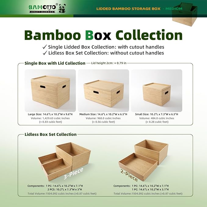 BAMOTTO CRAFTBAMBOO 14.6”x10.2”x6.5” Lidded Storage Bins - Stackable Bamboo Box/Cube/Basket with Handles for Home Kitchen Office, Organize Tableware Clothing Toys Books
