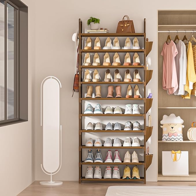 LUKYTOWER Tall Shoe Rack - 10 Tier Organizer for Closet, 30-35 Pairs, Large Capacity with 5 Hooks and Side Pocket, Sturdy Shoe Shelf, Vertical Shoe Stand Tower