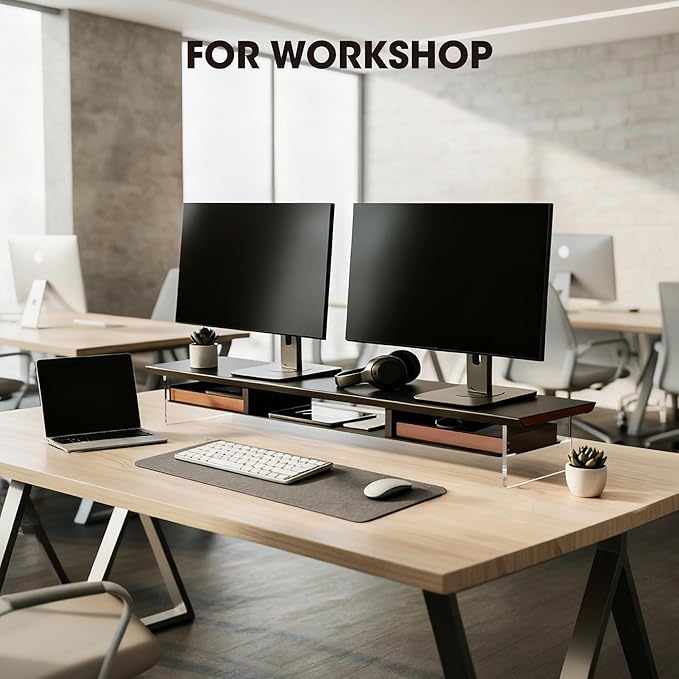 Fenge 42.5” Dual Monitor Stand Riser with 2 Felt-Lined Drawers, Aesthetic Metal and Wood Monitor Shelf with Acrylic Legs, 2-Tier Desk Organizer for 2 Monitors, Laptop, Printer, TV, Black
