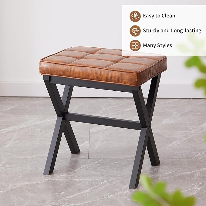 Foot Stool Small Ottoman Foot Rest Padded Foot Stool Desk for Under Office Desk Vanity Stool Bamboo Footstool Sofa Footrest Shoe Stool Small Foot Stools (Black Legs + Patterned Brown)