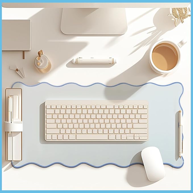 Hahafelt Scalloped Desk Mat Large Desk Pad Cute Coquette Table Mat Aesthetic Preppy Table Make up Pad Nonslip 2026 Graduation Gift with Stitching Waterproof Gaming(Blue,23.6 x 13.8 Inches)