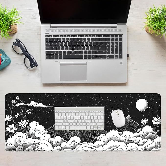 Moon Mountain Gaming Mouse Pad Black White Landscape Zen Mountain Mousepad Extended Large Laptop Keyboard Non-Slip Rubber Base with Stitched Edges 31.5x11.8 Inch