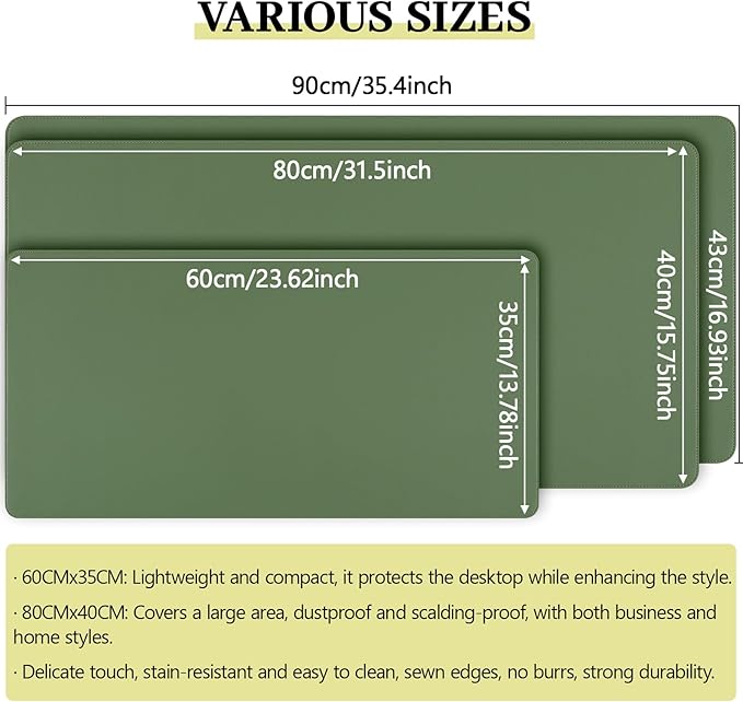 Olive Green Leather Desk Mat Large Mouse Pad, Waterproof Desk Pad for Keyboard and Mouse, Non-Slip Computer Desk Protector, Smooth Mouse Movement Desk Mat for Home and Office(35.4"ร17")