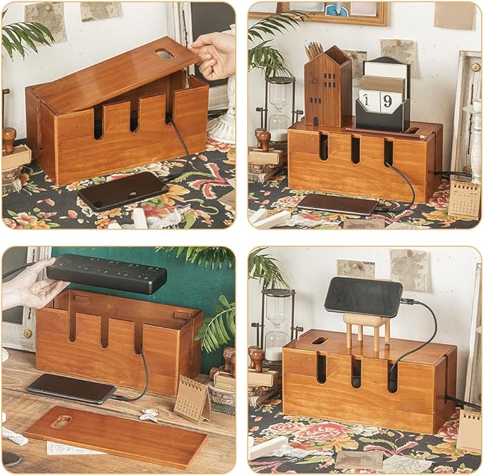 12 Inch Solid Wood Cable Management Box Cord Organizer for Desk Power Strip Router USB Hub Wire Storage Home Office