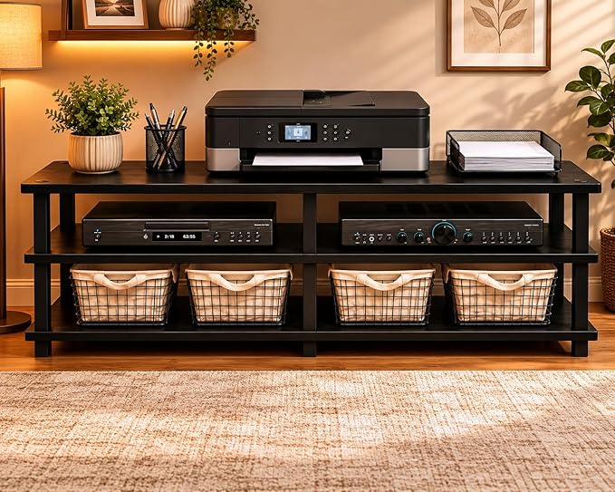Furinno TURN-S-TUBE Toolless Assembly 3-Tier TV Stand, Entertainment Center for TV up to 55 Inch, Wide Printer Stand with Storage Shelf, for Living Room, Bedroom, Espresso