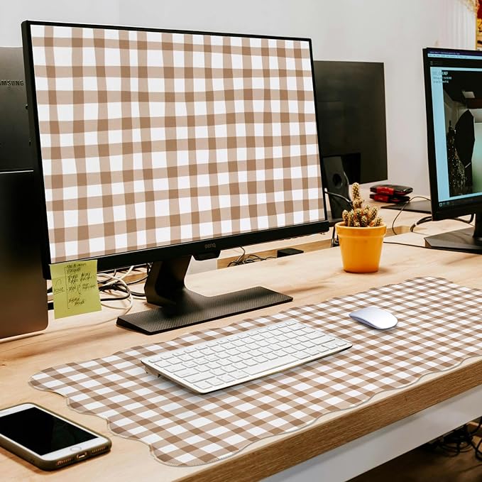 L-SPOUTTO Brown Checkered Mouse Pad,Cottagecore Scalloped Desk Mat XXL Large Cute Gingham Gaming Mousepad,35.4x15.7in Non-Slip Keyboard Pad Waterproof Desktop Mat for Laptop Computer Game Home Office