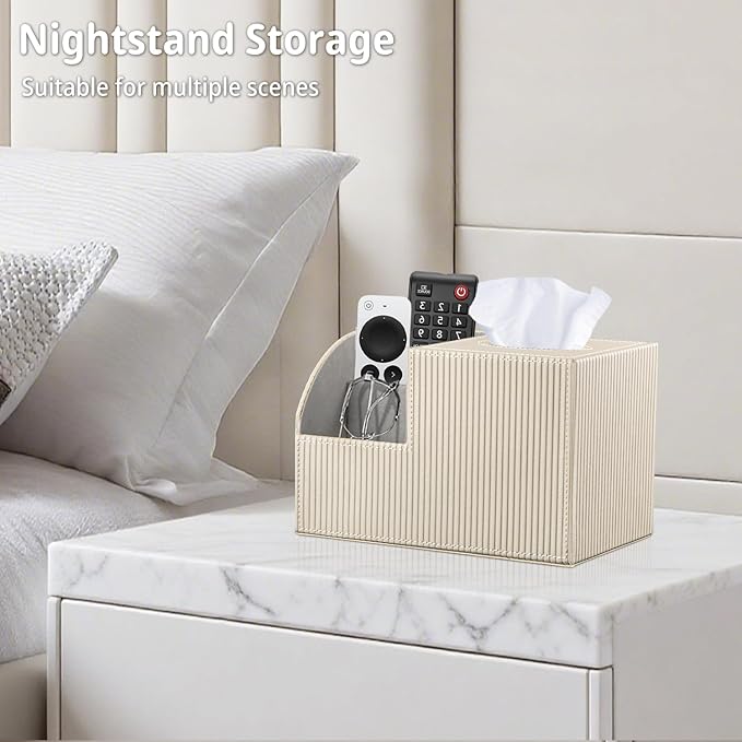 Square Tissue Box Cover with Storage, PU Leather Cube Tissue Box Holder, Remote Control Nightstand Organizer, Modern Desk Caddy for End Table, Bathroom, Bedroom, Home, Office Decor
