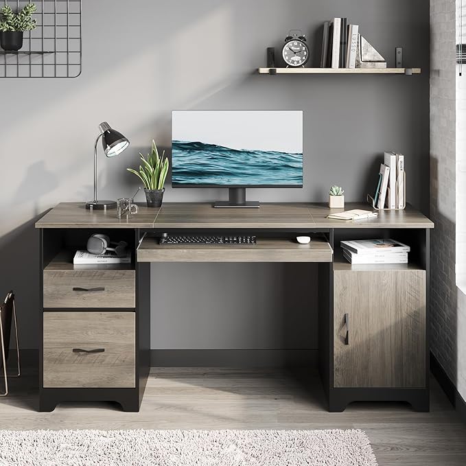 Bestier 59”Executive Desk with 2 Drawers,Computer Desk with Storage Cabinet,Industrial Wood Desk with File Drawer,Keyboard Tray & 2 Pedestals for Home Office & Studio,Gray