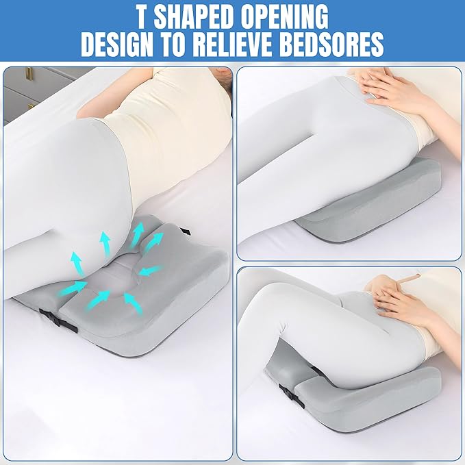 HOMBYS Memory Foam Bed Sore Cushions for Butt, Bedsore Pressure Relief Pillow for Sleeping and Sitting, Cushion for Bed Sores on Buttocks, T Shaped Opening Tailbone Pillow, Patent Pending, Light Grey