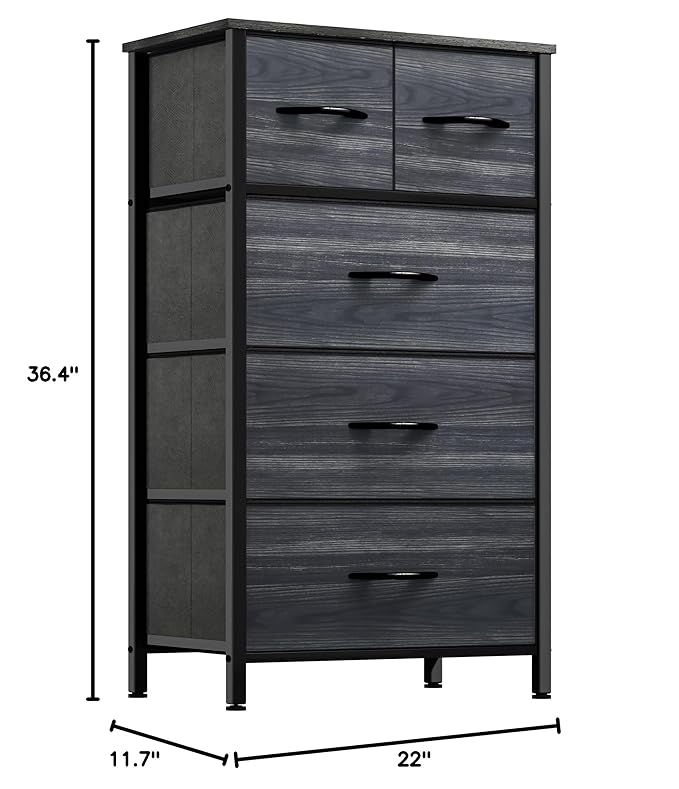 DWVO Storage Tower with 5 Drawers - Fabric Dresser, Organizer Unit for Living Room, Closets - Sturdy Steel Frame, Easy Pull Fabric Bins & Wooden Top