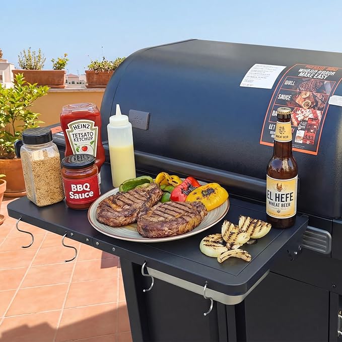 Utheer Upgraded Folding Front Shelf for Traeger Woodridge Pro, Woodridge Pro Plus, Woodridge Elite & Ironwood/Ironwood XL Pellet Grill, 28" BBQ Prep Table with Cutting Board, Basin & 4 Hooks