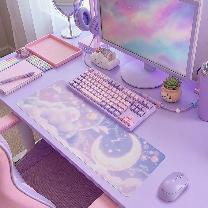 BELLEMOND Japanese Art Desk Mat | Large 31.5x11.8in Anime Mouse Pad for Keyboard & Mouse | Non-Slip Base, Water-Repellent | Original Japanese Design | Moonlit Pastel Cosmos
