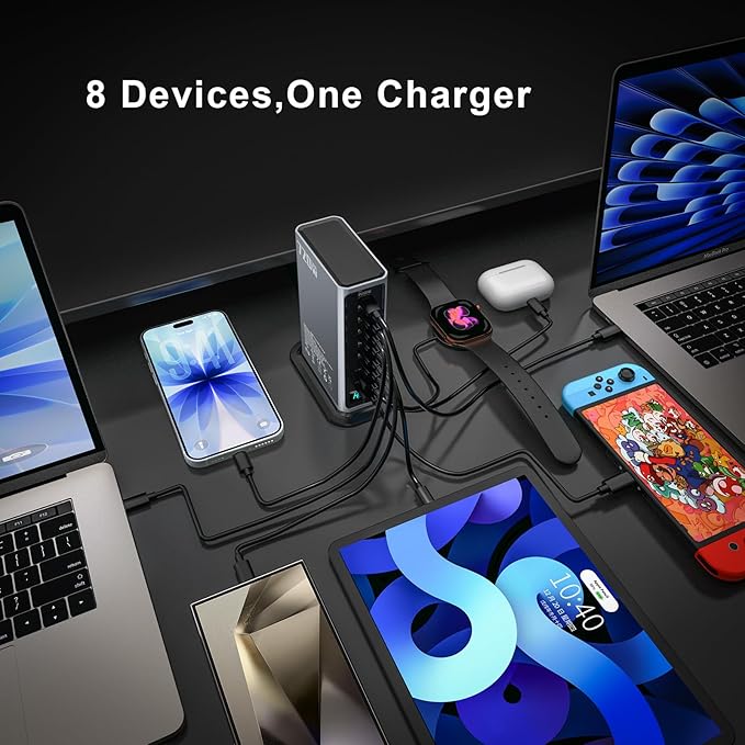 720W USB C Fast Charger Block, PD 3.1 140W 8 Port USB Charging Station, GaN Ⅲ Fast Charging Station for Multiple Devices, Laptop Charger Station Compatible with iPhone 17/iPad/MacBook,Samsung, Silver