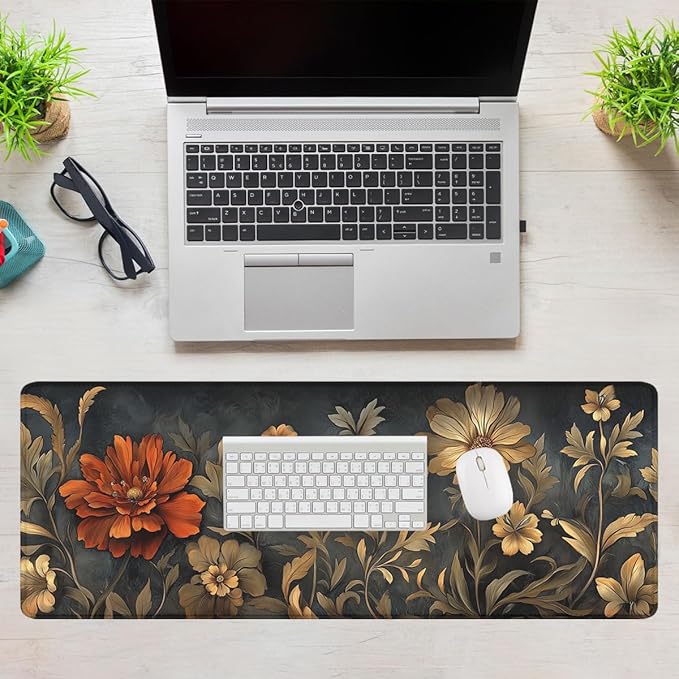 Vintage Floral Gaming Mouse Pad Dark Botanical Art Extended Gaming Mouse Pad Mat with Stitched Edge Non-Slip Base Office Computer Keyboard Laptop 31.5"x11.8"