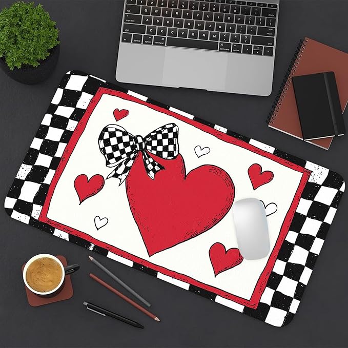 Valentine Desk Mat, Heart Black White Check Large Mouse Pad for Desktop, PU Leather Waterproof Desk Pad, Computer PC Laptop Protector Gaming Mouse Pads Valentine's Day Gifts for Her Him