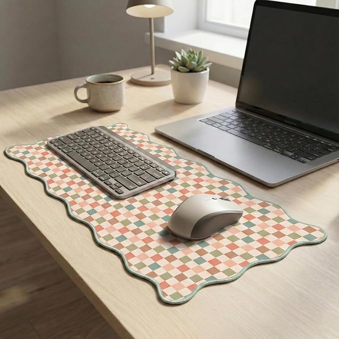 Scalloped Desk Mat Extended Large Cute Mouse Pad XXL Aesthetic Desk Pad Boho Plaid Mousepad Retro Beige Checkered Mouse Pad for Keyboard Computer Stitched Edges Non-Slip Home Office 31.5X15.7Inch