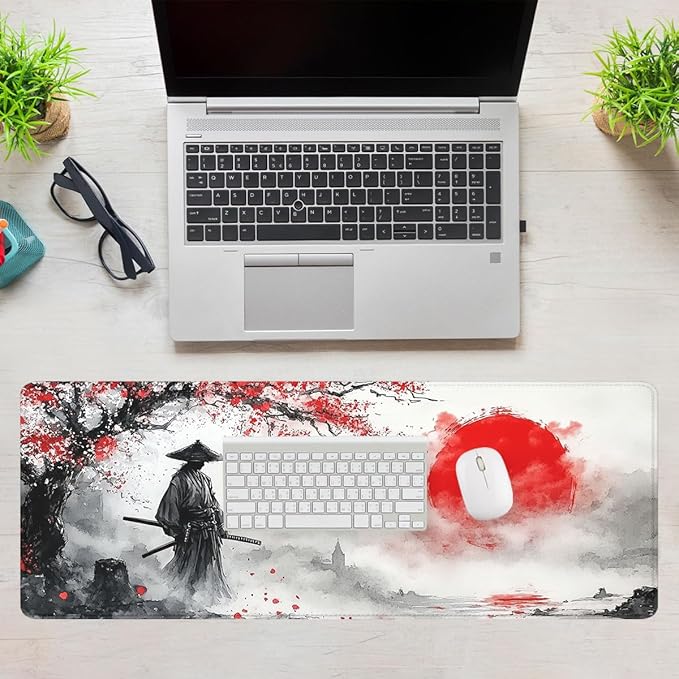 Japanese Samurai Mouse Pad Red Sun Landscape Mousepad XL Large Gaming Mouse Pad Laptop Keyboard Mat Desk Pad Office Computer Keyboard Laptop 31.5"x11.8"